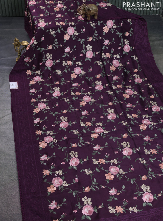 Dola silk saree wine shade with allover floral embroidery work and chikankari work border