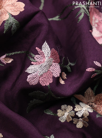 Dola silk saree wine shade with allover floral embroidery work and chikankari work border