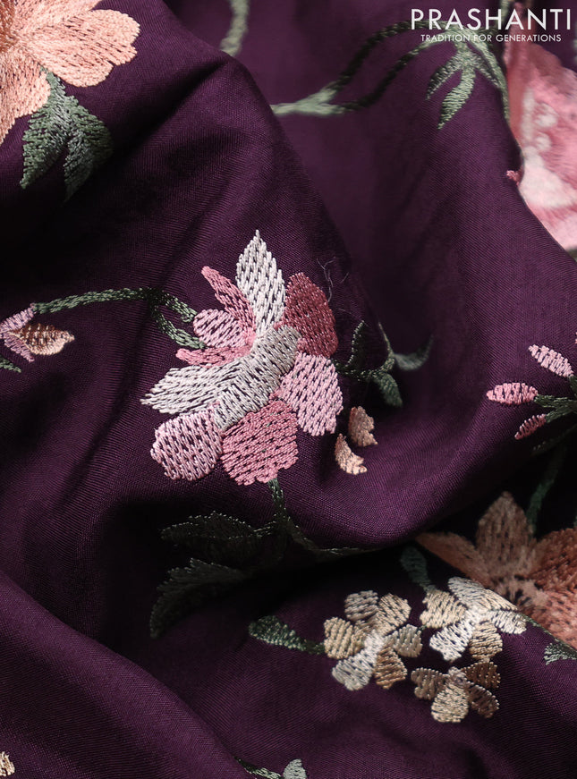 Dola silk saree wine shade with allover floral embroidery work and chikankari work border