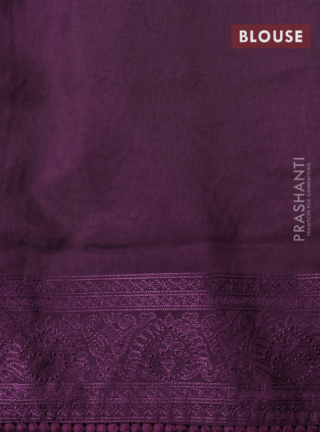 Dola silk saree wine shade with allover floral embroidery work and chikankari work border