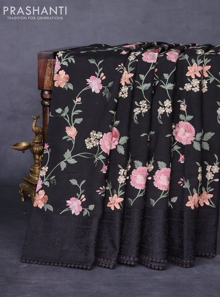 Dola silk saree black with allover floral embroidery work and chikankari work border