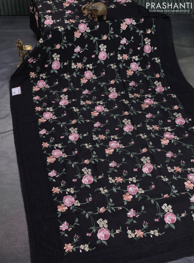 Dola silk saree black with allover floral embroidery work and chikankari work border