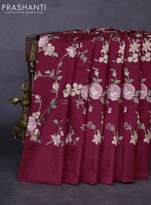 Dola silk saree kumkum red with allover floral embroidery work and chikankari work border