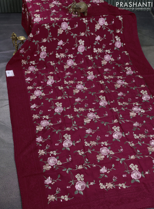 Dola silk saree kumkum red with allover floral embroidery work and chikankari work border