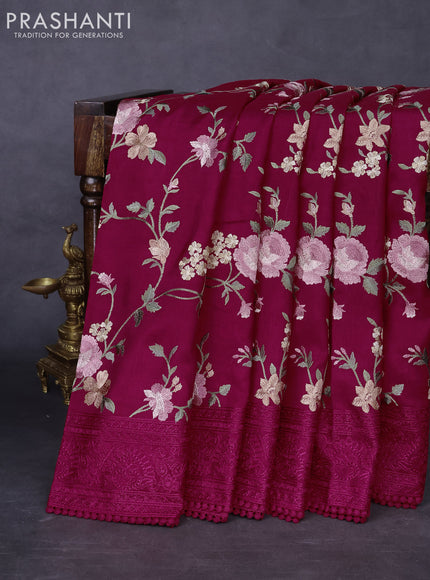 Dola silk saree dark pink with allover floral embroidery work and chikankari work border