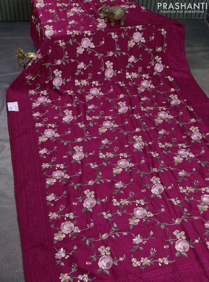 Dola silk saree dark pink with allover floral embroidery work and chikankari work border