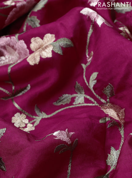 Dola silk saree dark pink with allover floral embroidery work and chikankari work border