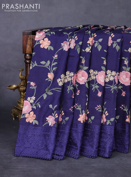 Dola silk saree navy blue with allover floral embroidery work and chikankari work border