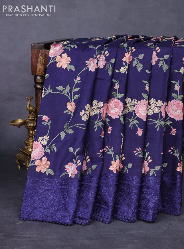Dola silk saree navy blue with allover floral embroidery work and chikankari work border