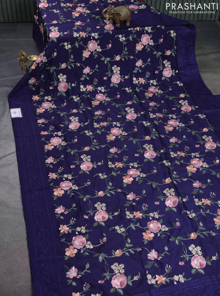 Dola silk saree navy blue with allover floral embroidery work and chikankari work border