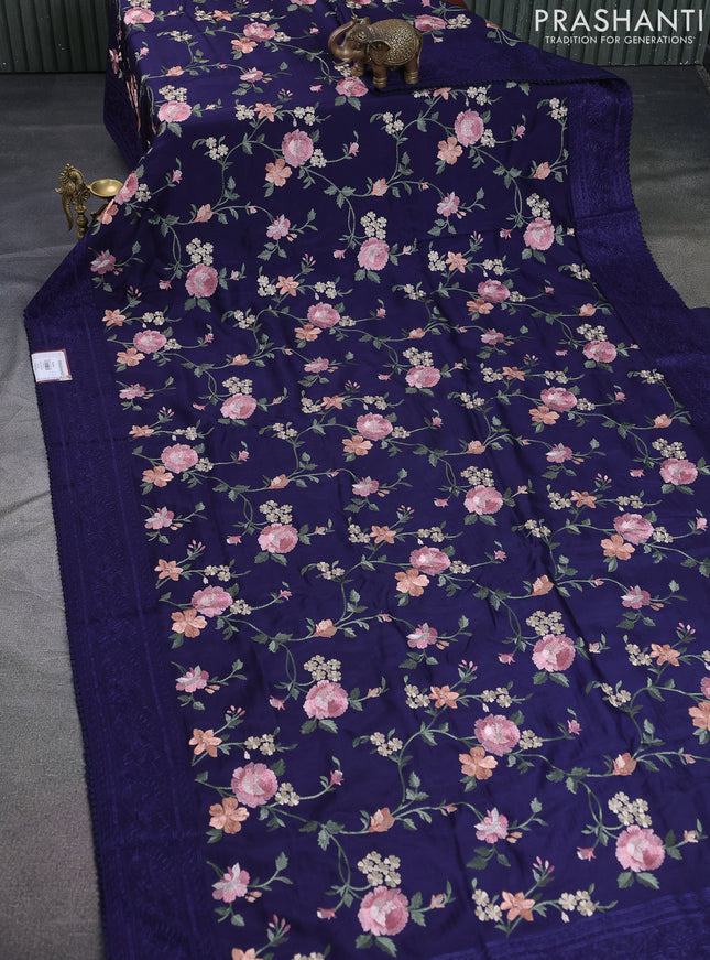 Dola silk saree navy blue with allover floral embroidery work and chikankari work border