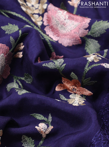 Dola silk saree navy blue with allover floral embroidery work and chikankari work border