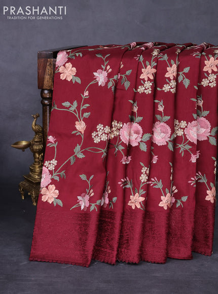 Dola silk saree maroon with allover floral embroidery work and chikankari work border