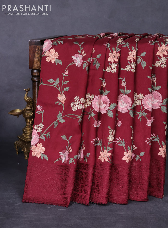 Dola silk saree maroon with allover floral embroidery work and chikankari work border