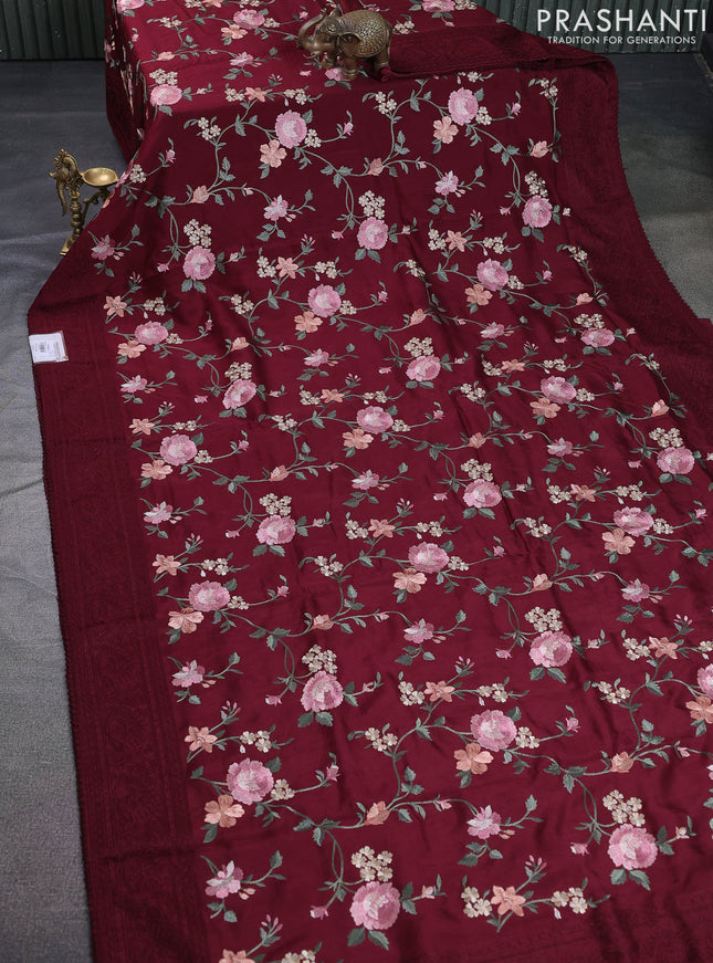 Dola silk saree maroon with allover floral embroidery work and chikankari work border