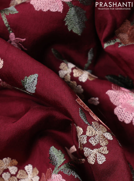 Dola silk saree maroon with allover floral embroidery work and chikankari work border