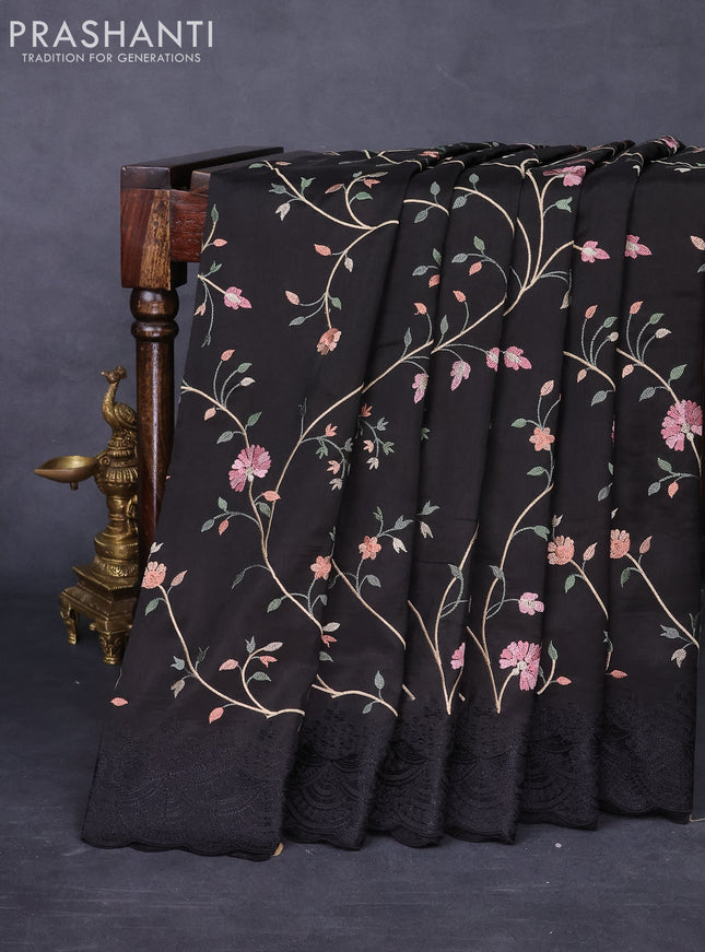 Dola silk saree black with allover floral embroidery work and chikankari work border
