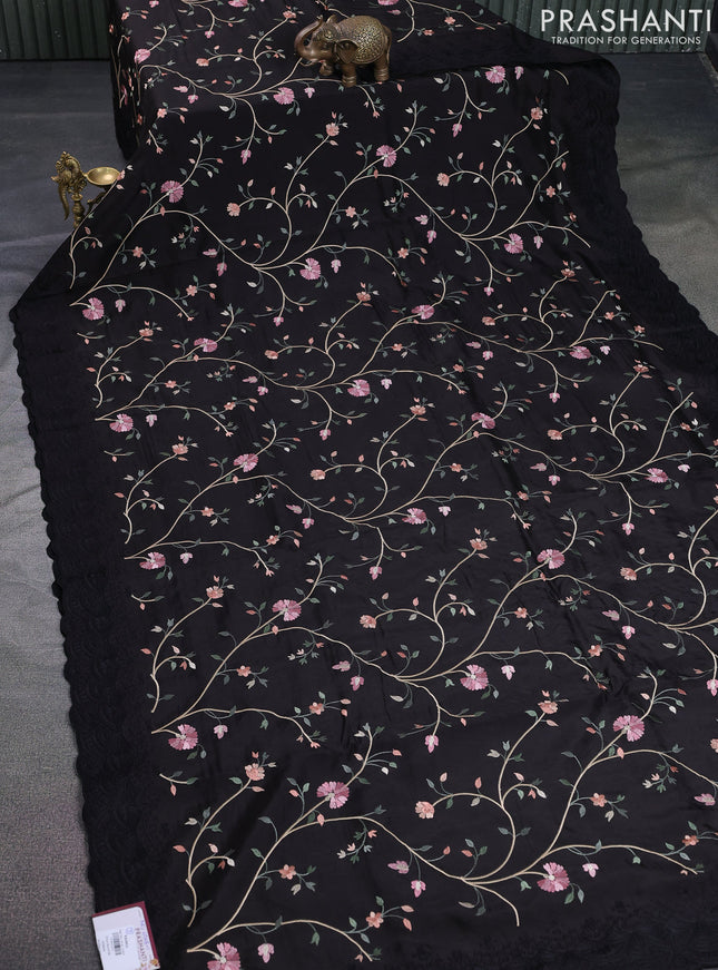 Dola silk saree black with allover floral embroidery work and chikankari work border