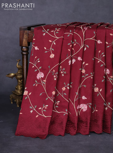 Dola silk saree maroon with allover floral embroidery work and chikankari work border