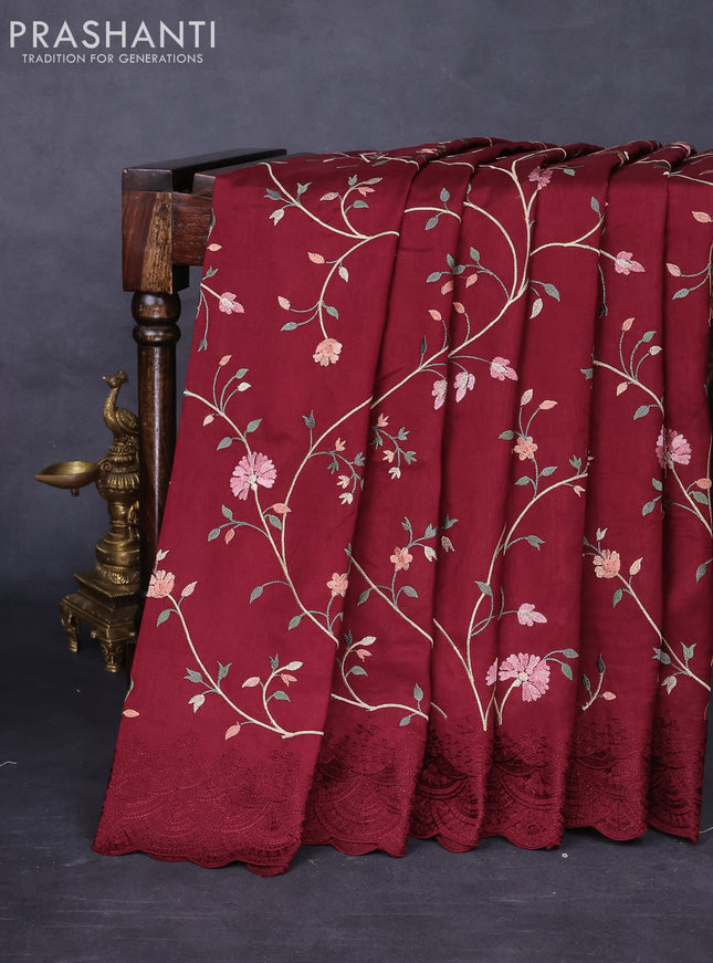 Dola silk saree maroon with allover floral embroidery work and chikankari work border