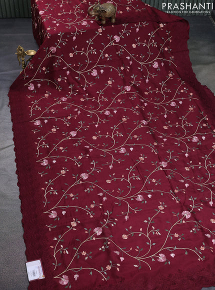 Dola silk saree maroon with allover floral embroidery work and chikankari work border