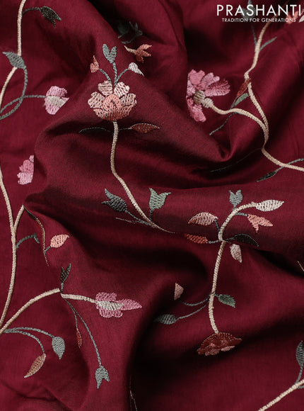 Dola silk saree maroon with allover floral embroidery work and chikankari work border