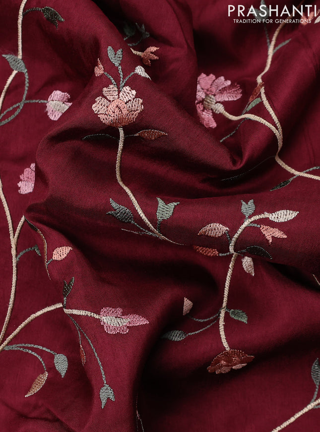 Dola silk saree maroon with allover floral embroidery work and chikankari work border