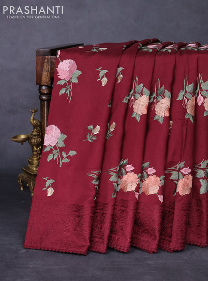 Dola silk saree maroon with allover floral embroidery work and chikankari work border