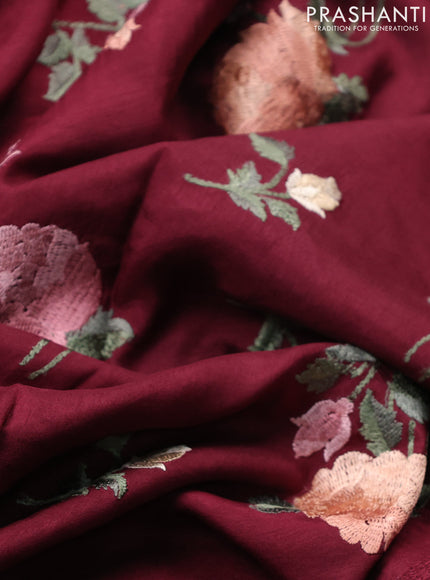 Dola silk saree maroon with allover floral embroidery work and chikankari work border