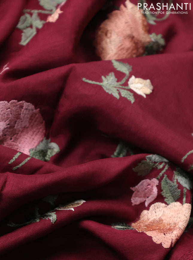 Dola silk saree maroon with allover floral embroidery work and chikankari work border
