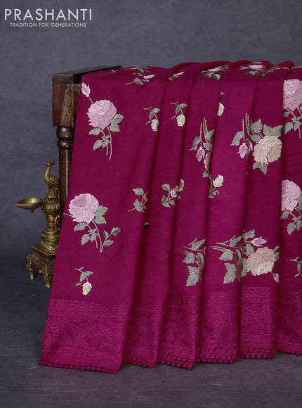 Dola silk saree dark pink with allover floral embroidery work and chikankari work border