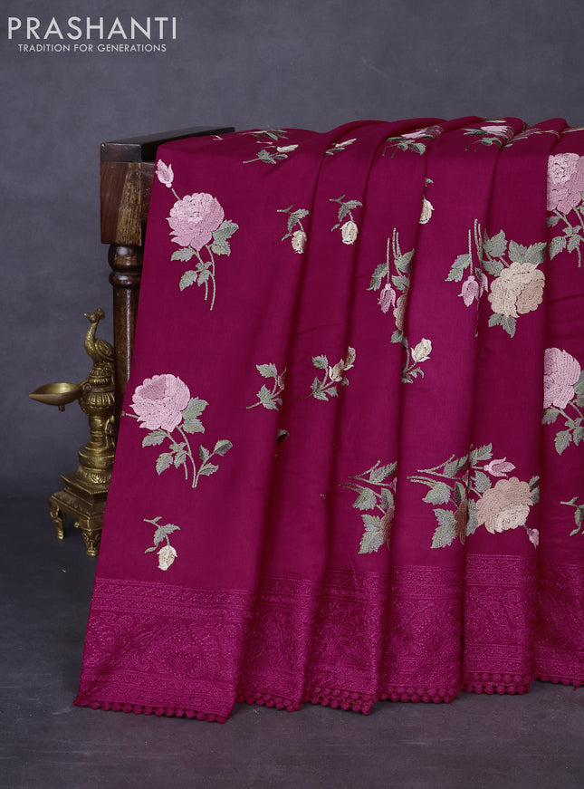 Dola silk saree dark pink with allover floral embroidery work and chikankari work border