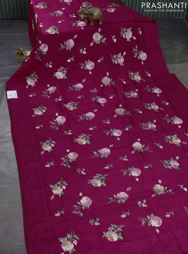 Dola silk saree dark pink with allover floral embroidery work and chikankari work border
