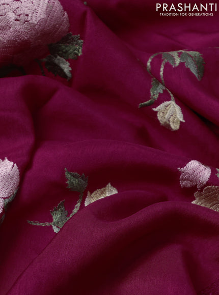 Dola silk saree dark pink with allover floral embroidery work and chikankari work border