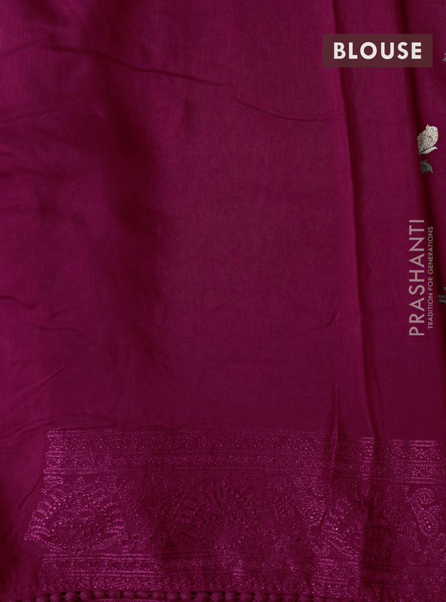 Dola silk saree dark pink with allover floral embroidery work and chikankari work border