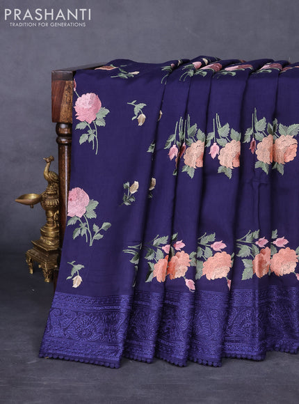 Dola silk saree dark blue with allover floral embroidery work and chikankari work border