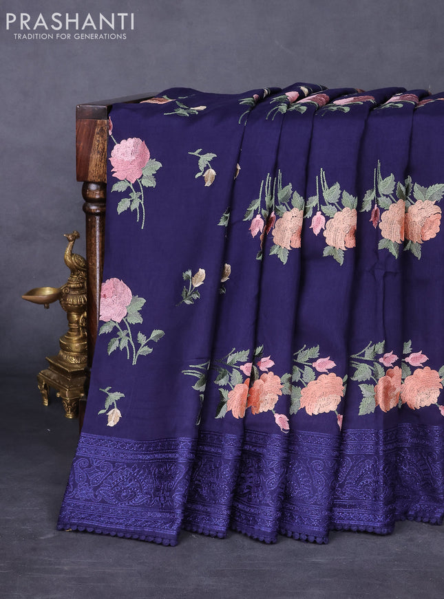 Dola silk saree dark blue with allover floral embroidery work and chikankari work border