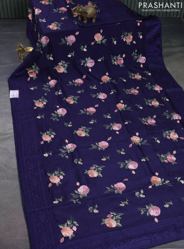 Dola silk saree dark blue with allover floral embroidery work and chikankari work border