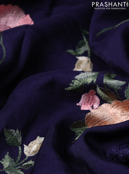Dola silk saree dark blue with allover floral embroidery work and chikankari work border