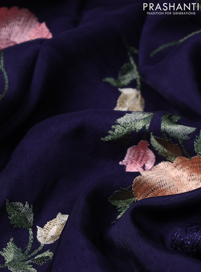 Dola silk saree dark blue with allover floral embroidery work and chikankari work border