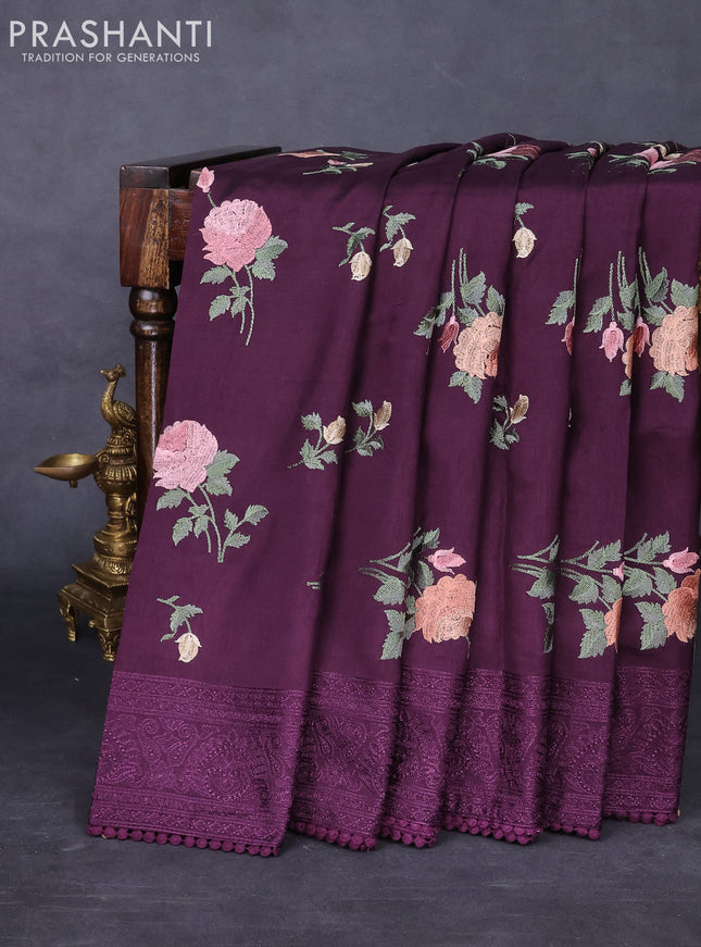 Dola silk saree wine shade with allover floral embroidery work and chikankari work border