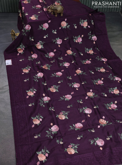 Dola silk saree wine shade with allover floral embroidery work and chikankari work border