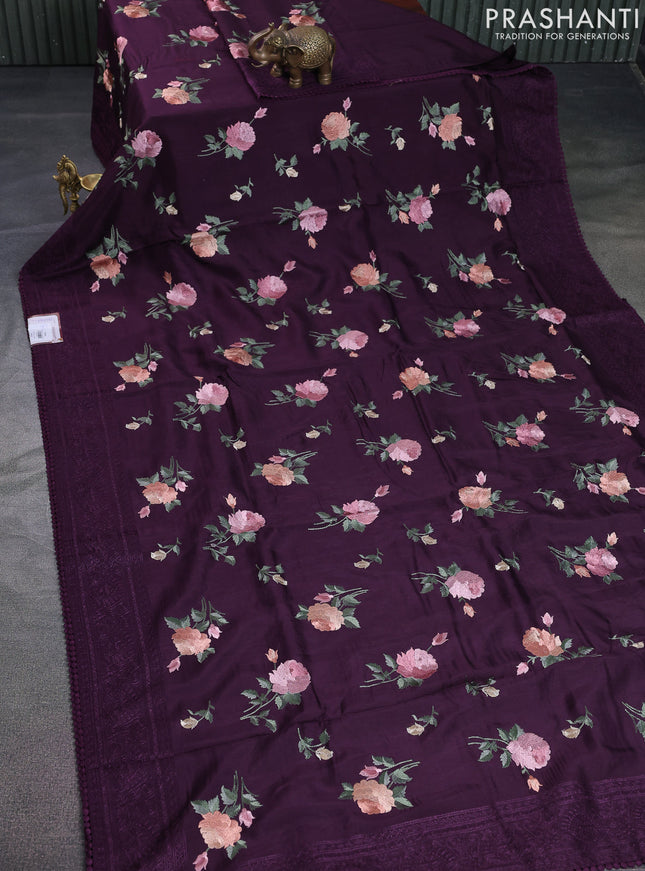 Dola silk saree wine shade with allover floral embroidery work and chikankari work border