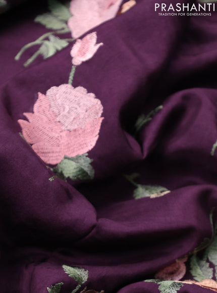 Dola silk saree wine shade with allover floral embroidery work and chikankari work border