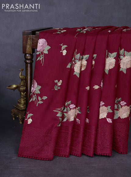 Dola silk saree maroon with allover floral embroidery work and chikankari work border