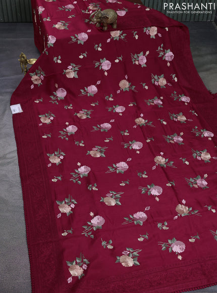 Dola silk saree maroon with allover floral embroidery work and chikankari work border