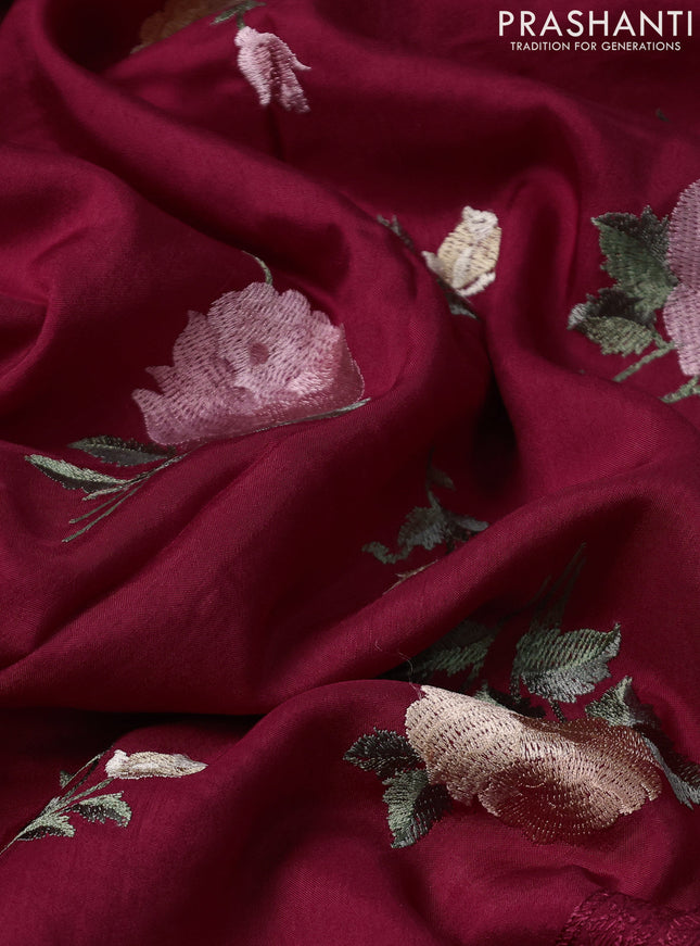 Dola silk saree maroon with allover floral embroidery work and chikankari work border