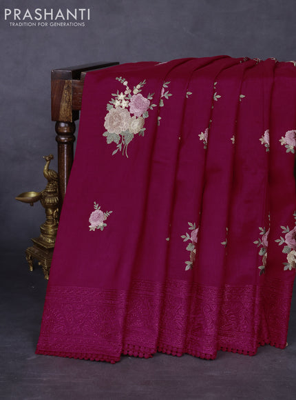 Dola silk saree dark pink with allover floral embroidery work and chikankari work border