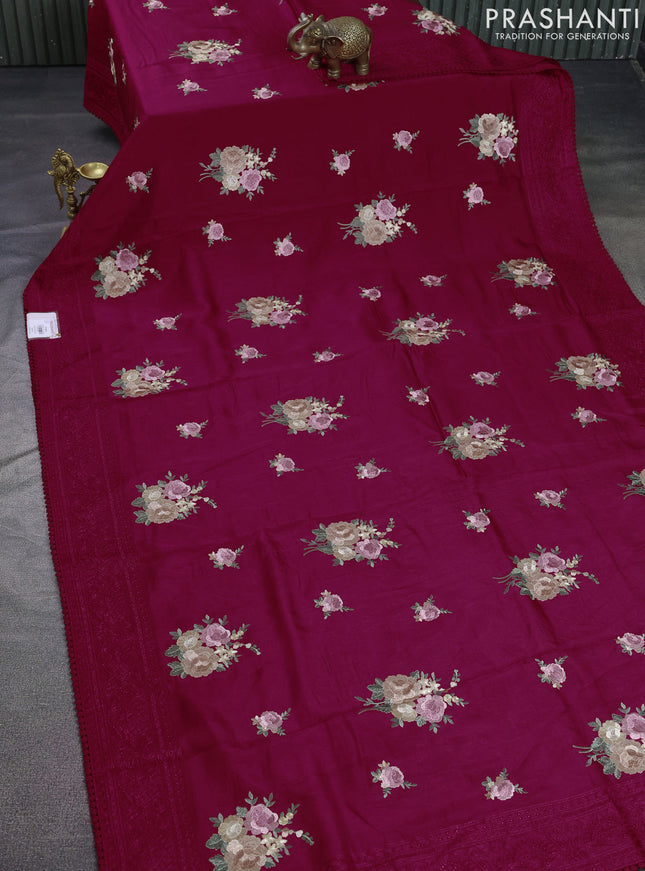 Dola silk saree dark pink with allover floral embroidery work and chikankari work border