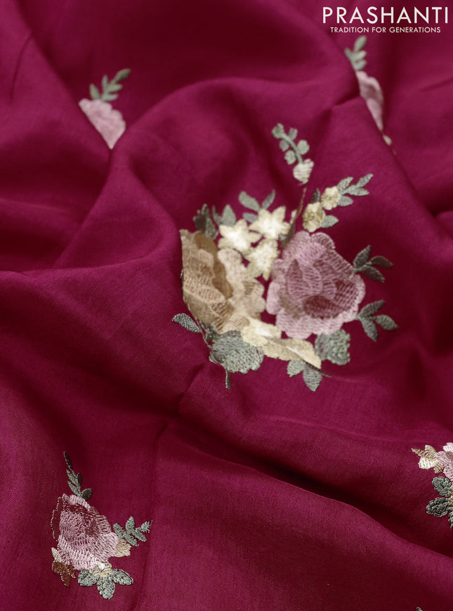 Dola silk saree dark pink with allover floral embroidery work and chikankari work border